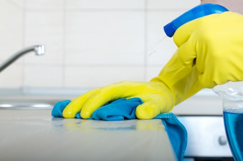 Cleaner wiping surfaces in an empty living room